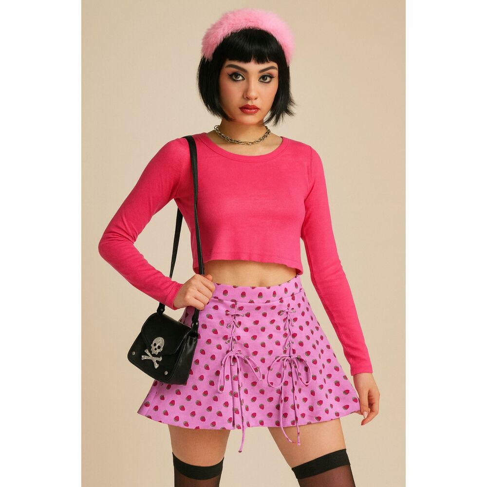 HOT TOPIC Pink Strawberry Lace Up Mini Roller Skirt    Women's Size Large